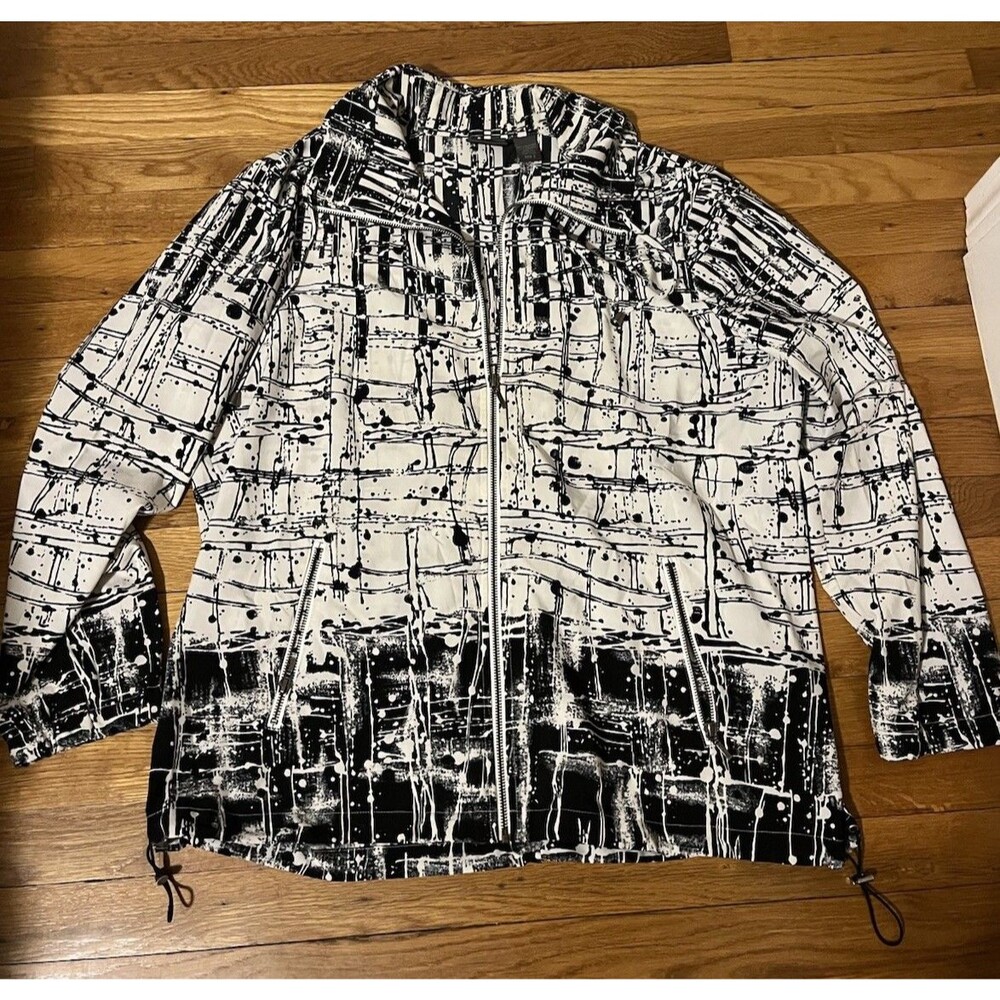 Chico's Additions Women's Black/White Abstract Mid-Length Full Zip Jacket Size 3